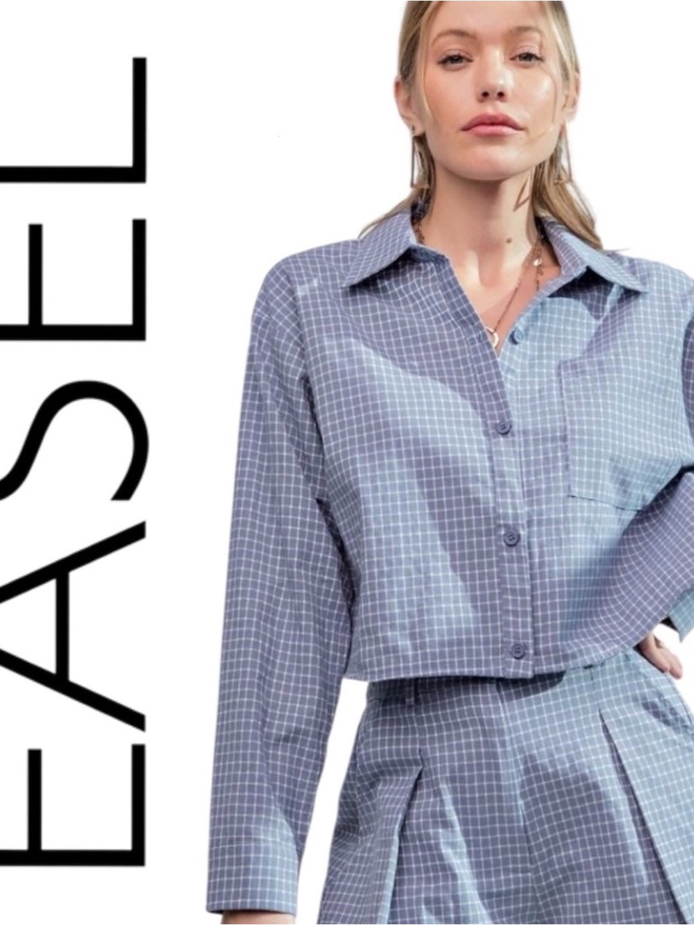 Easel Blue Windowpane Cropped Button-Down Top - SZ M - NWT